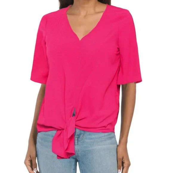 NWT Cupio Blush V-neck Tie Front Textured Pink Shirt Blouse - Picture 1 of 5